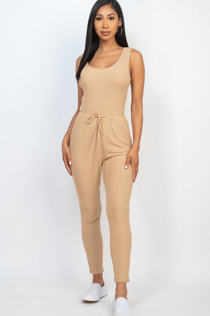 Ribbed Sleeveless Drawstring catsuits Jumpsuit by Capella | Fleurcouture