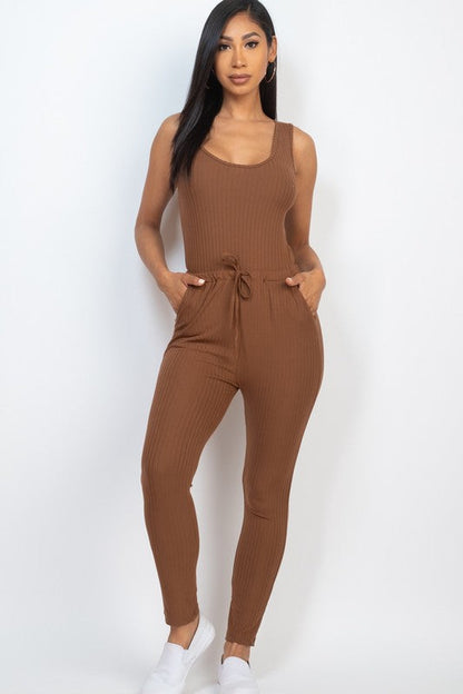 Ribbed Sleeveless Drawstring catsuits Jumpsuit by Capella | Fleurcouture