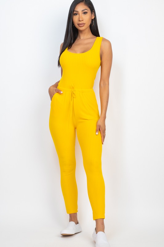 Ribbed Sleeveless Drawstring catsuits Jumpsuit by Capella | Fleurcouture