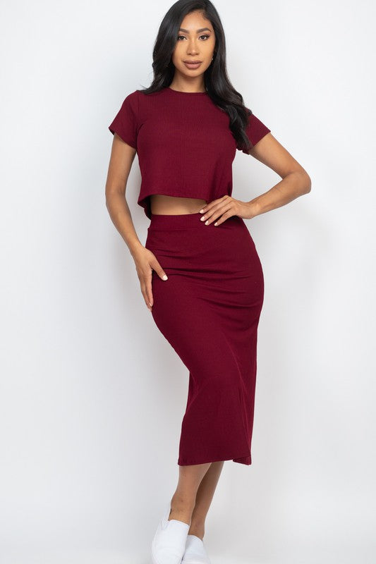 Ribbed Solid Top &amp; Midi Skirt Set Burgundy S by Capella | Fleurcouture