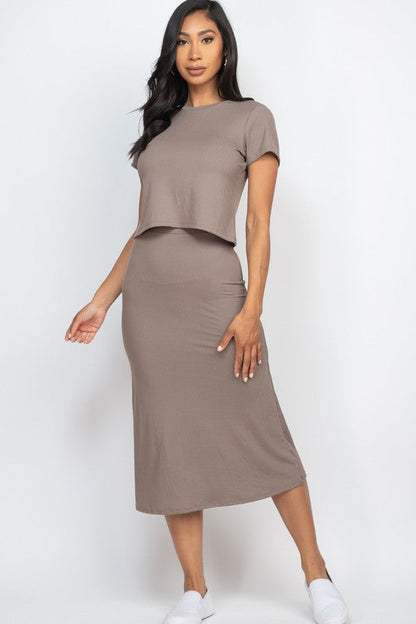 Ribbed Solid Top &amp; Midi Skirt Set Taupe S by Capella | Fleurcouture