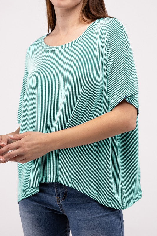 Ribbed Striped Oversized Short Sleeve Top OFF WHITE L/XL by ZENANA | Fleurcouture