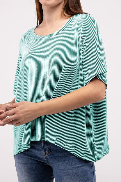 Ribbed Striped Oversized Short Sleeve Top OFF WHITE L/XL by ZENANA | Fleurcouture