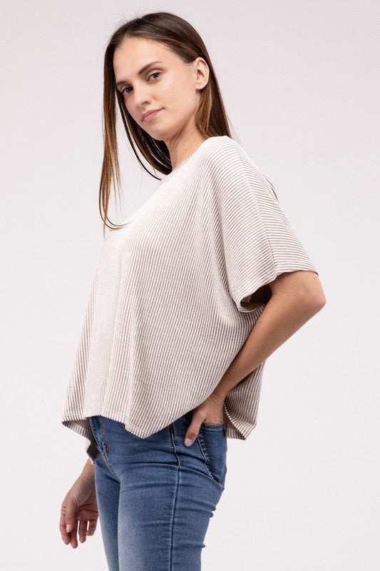 Ribbed Striped Oversized Short Sleeve Top OFF WHITE L/XL by ZENANA | Fleurcouture