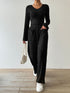 Ribbed V-Neck Long Sleeve Top and Pocketed Pants Set Black S Women&