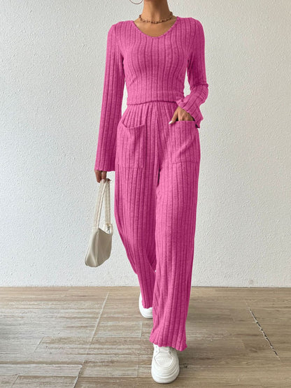 Ribbed V-Neck Long Sleeve Top and Pocketed Pants Set Hot Pink S Women&