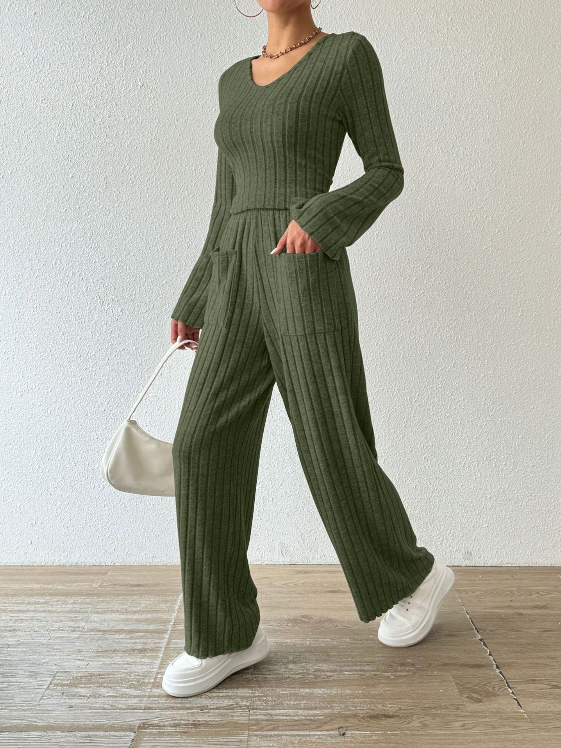 Ribbed V-Neck Long Sleeve Top and Pocketed Pants Set Moss S Women&