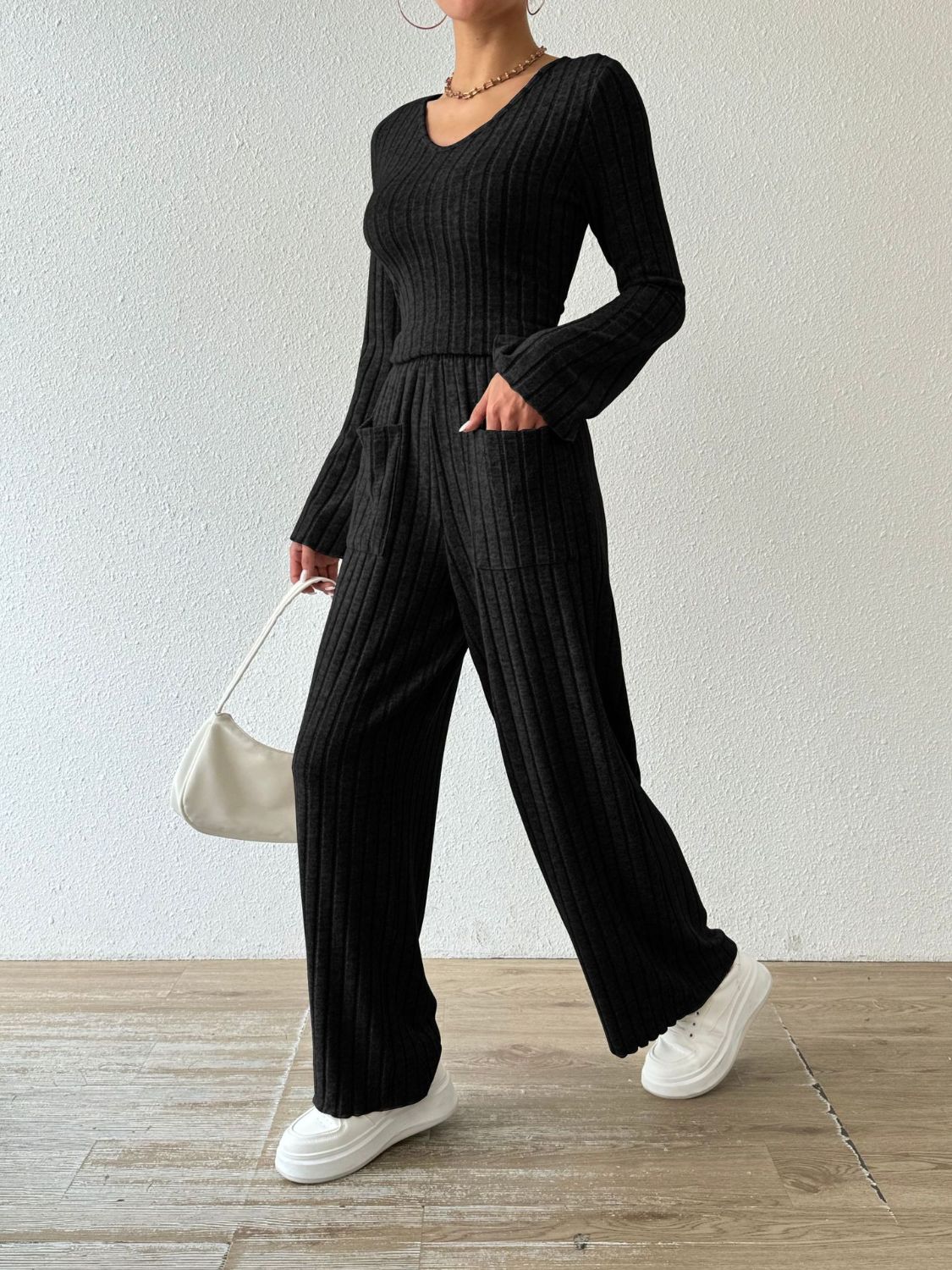 Ribbed V-Neck Long Sleeve Top and Pocketed Pants Set Women&