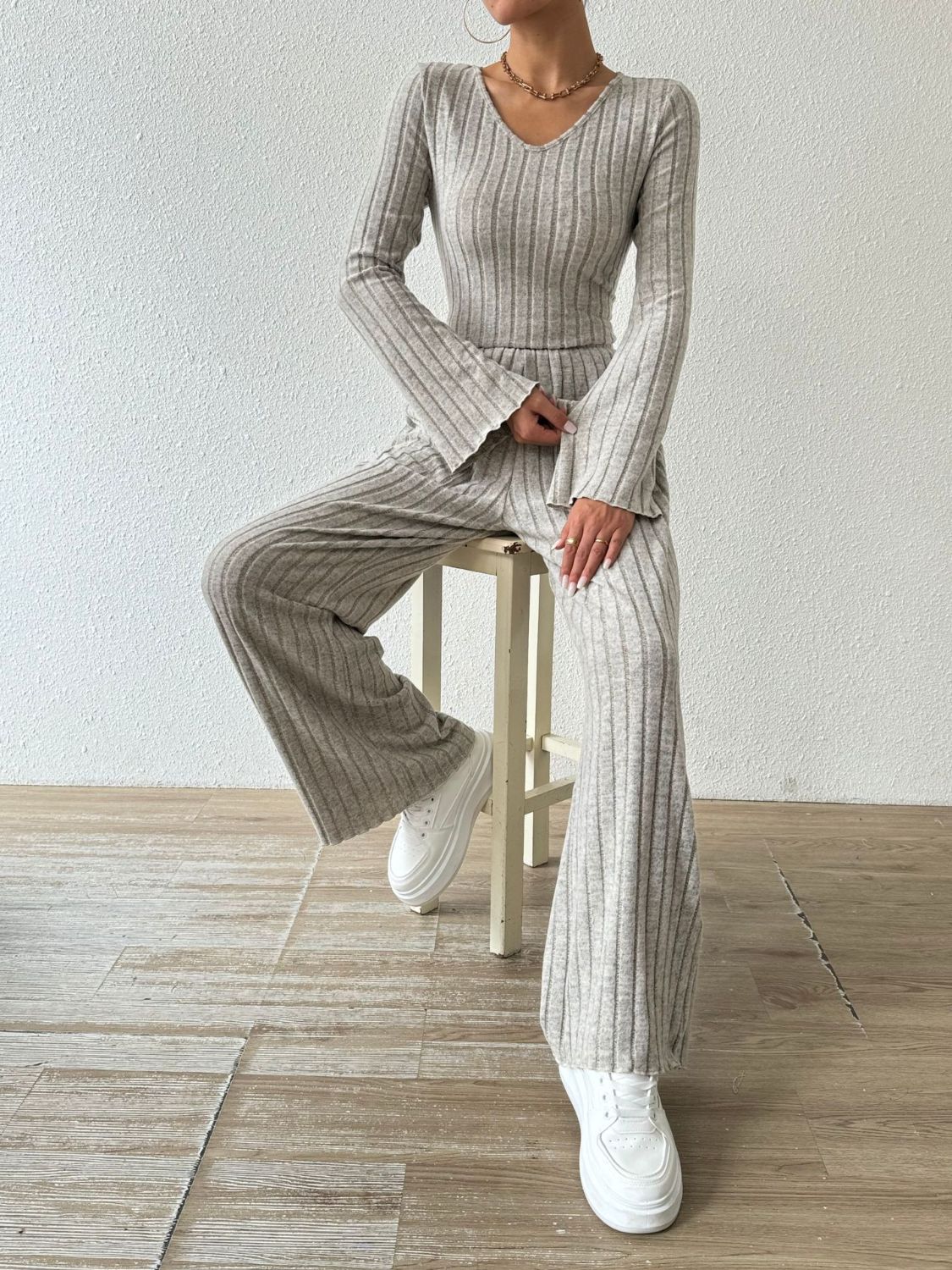 Ribbed V-Neck Long Sleeve Top and Pocketed Pants Set Women&