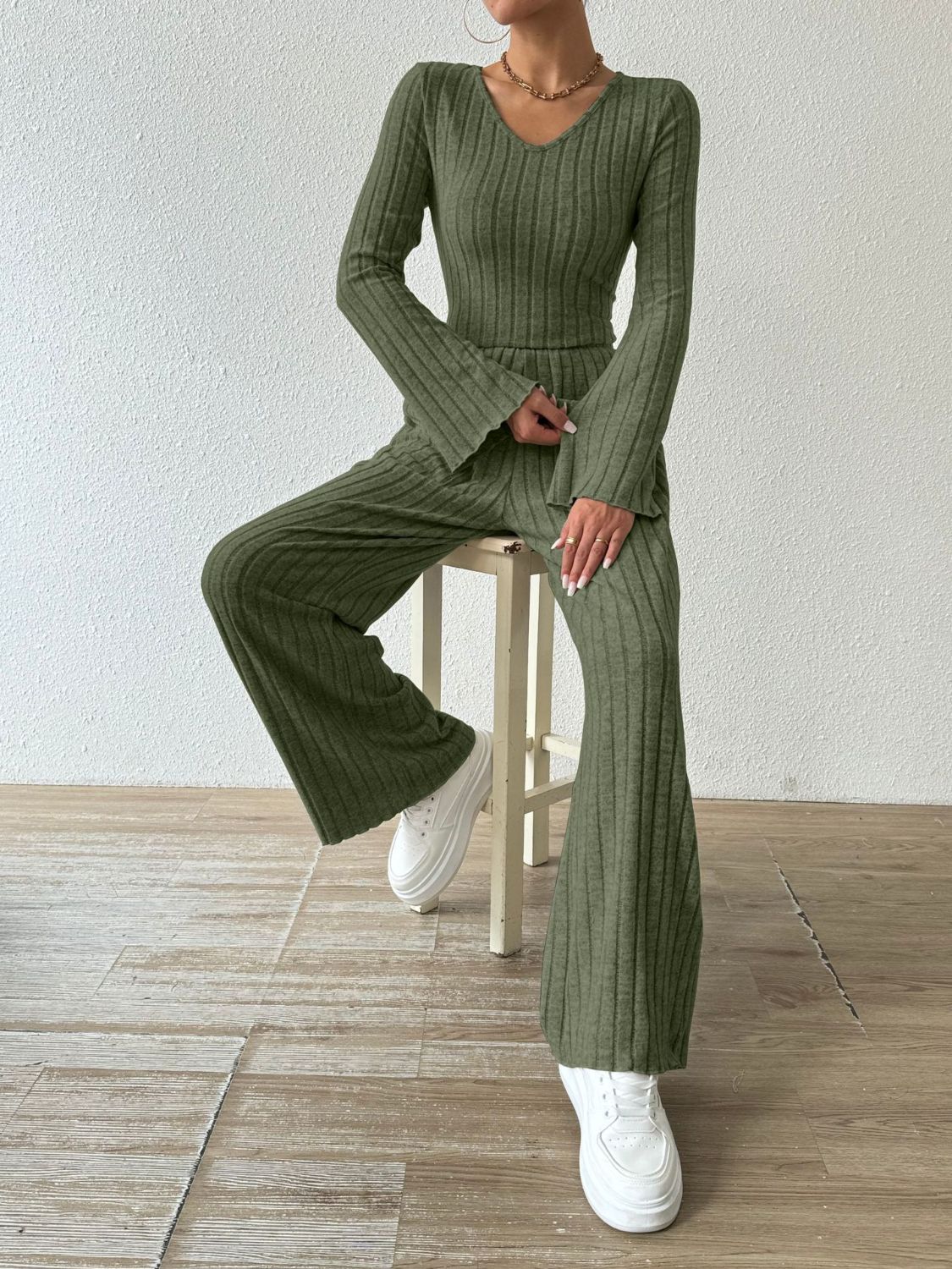 Ribbed V-Neck Long Sleeve Top and Pocketed Pants Set Women&