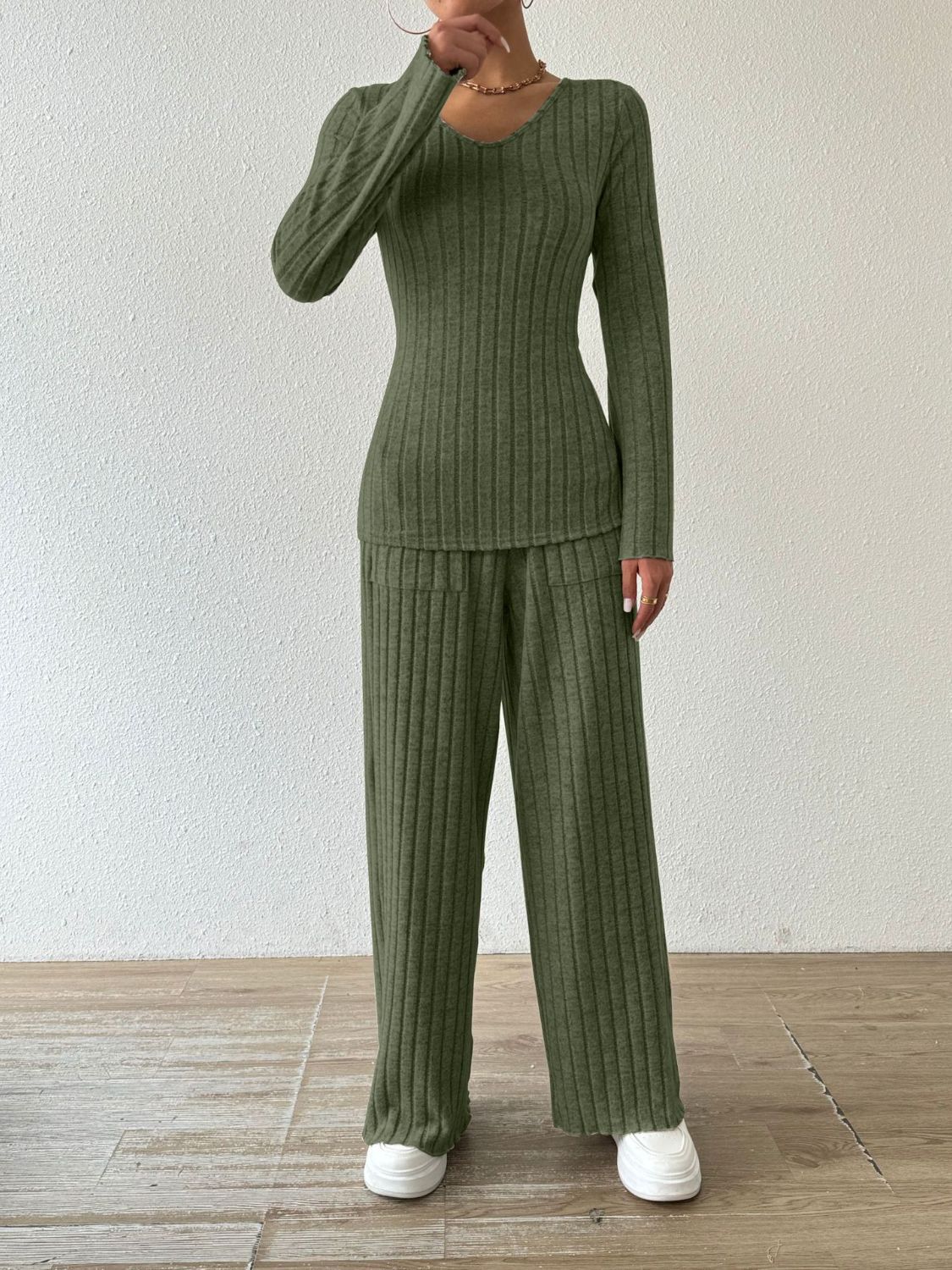 Ribbed V-Neck Long Sleeve Top and Pocketed Pants Set Women&