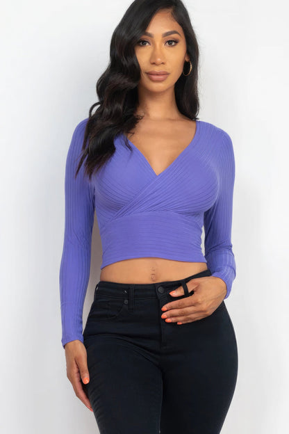 Ribbed Wrap Front Long Sleeve Top by Fleurcouture | Fleurcouture