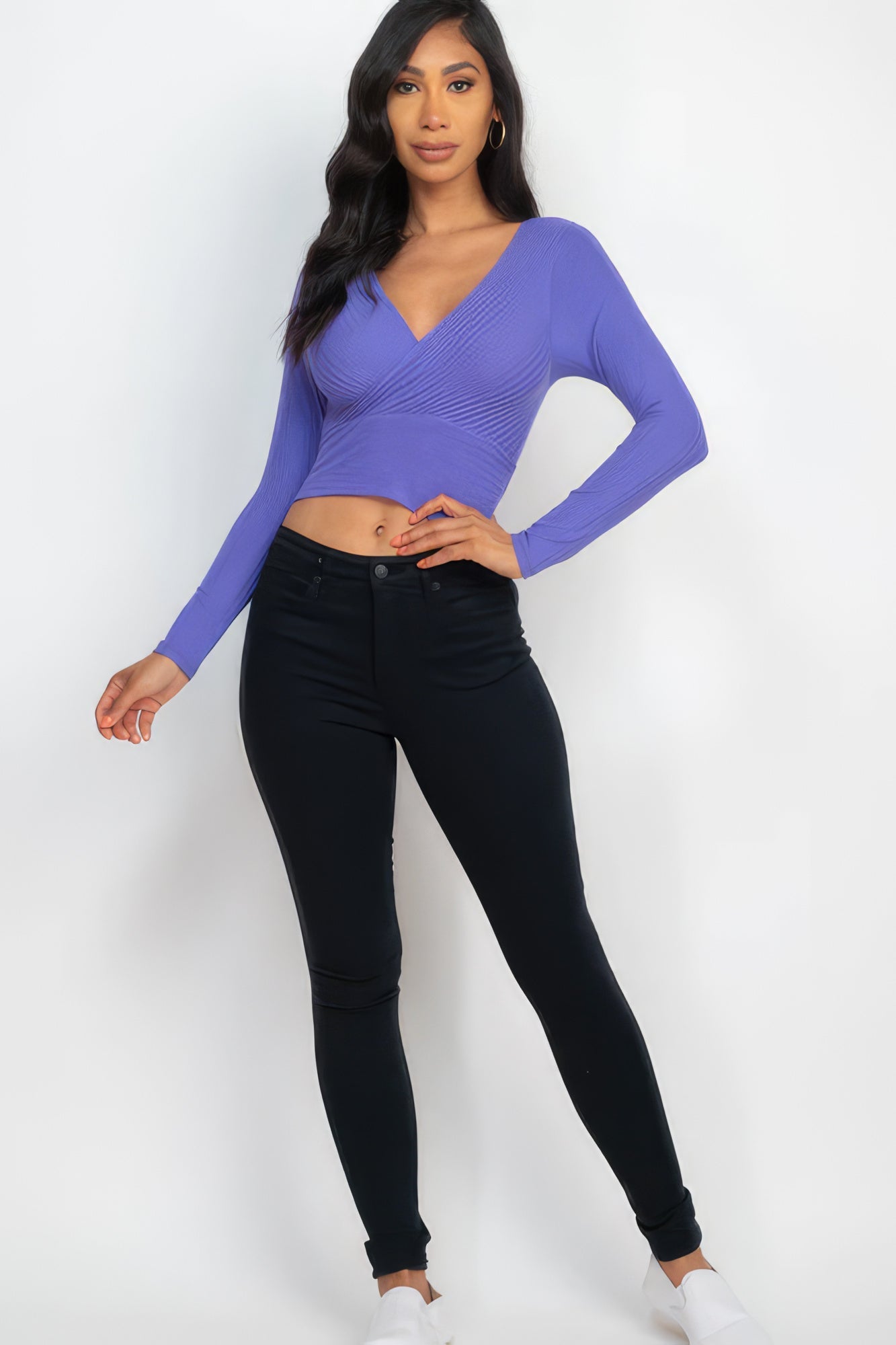 Ribbed Wrap Front Long Sleeve Top by Fleurcouture | Fleurcouture