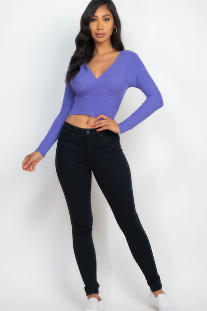 Ribbed Wrap Front Long Sleeve Top by Fleurcouture | Fleurcouture