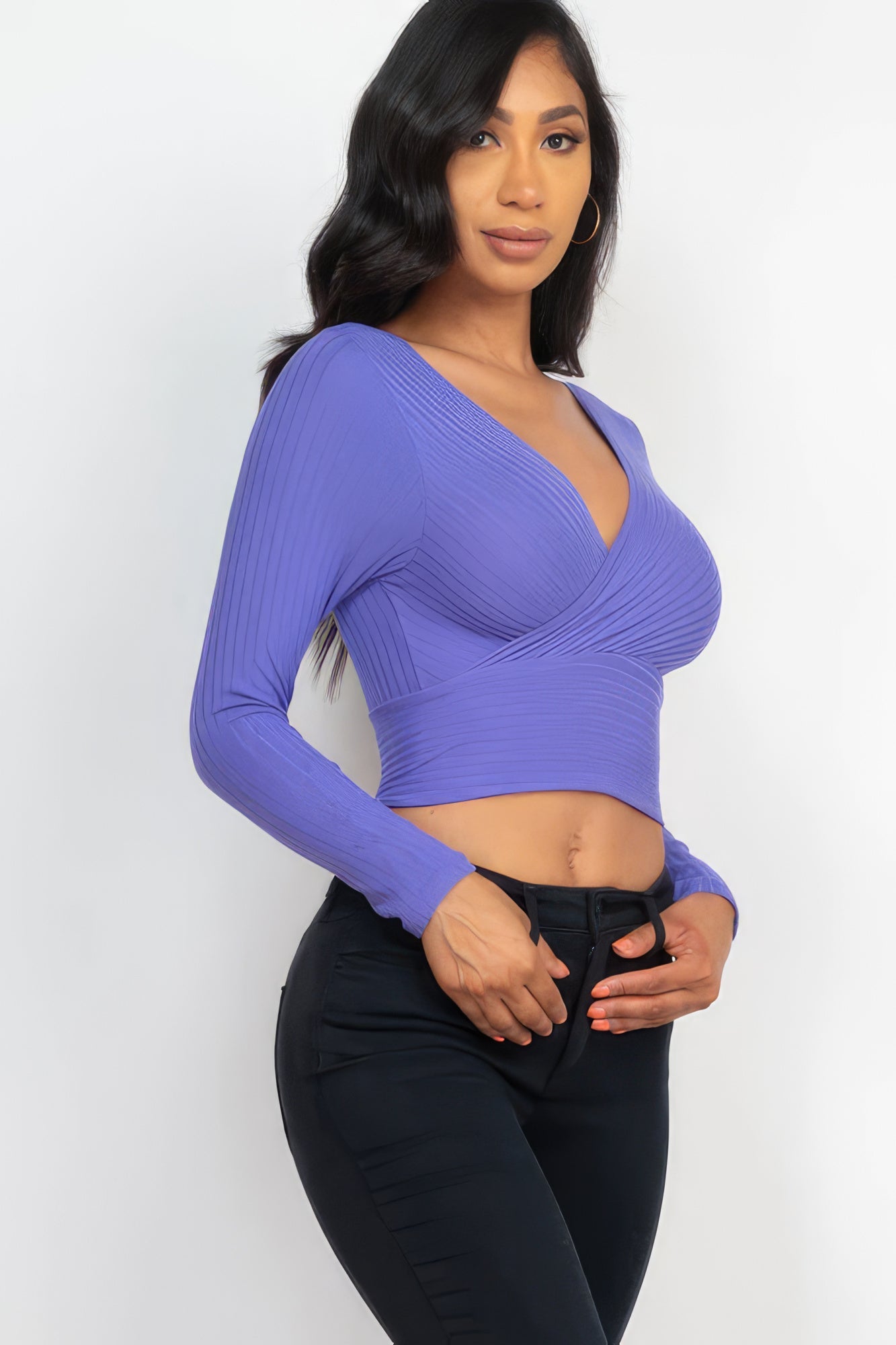 Ribbed Wrap Front Long Sleeve Top by Fleurcouture | Fleurcouture