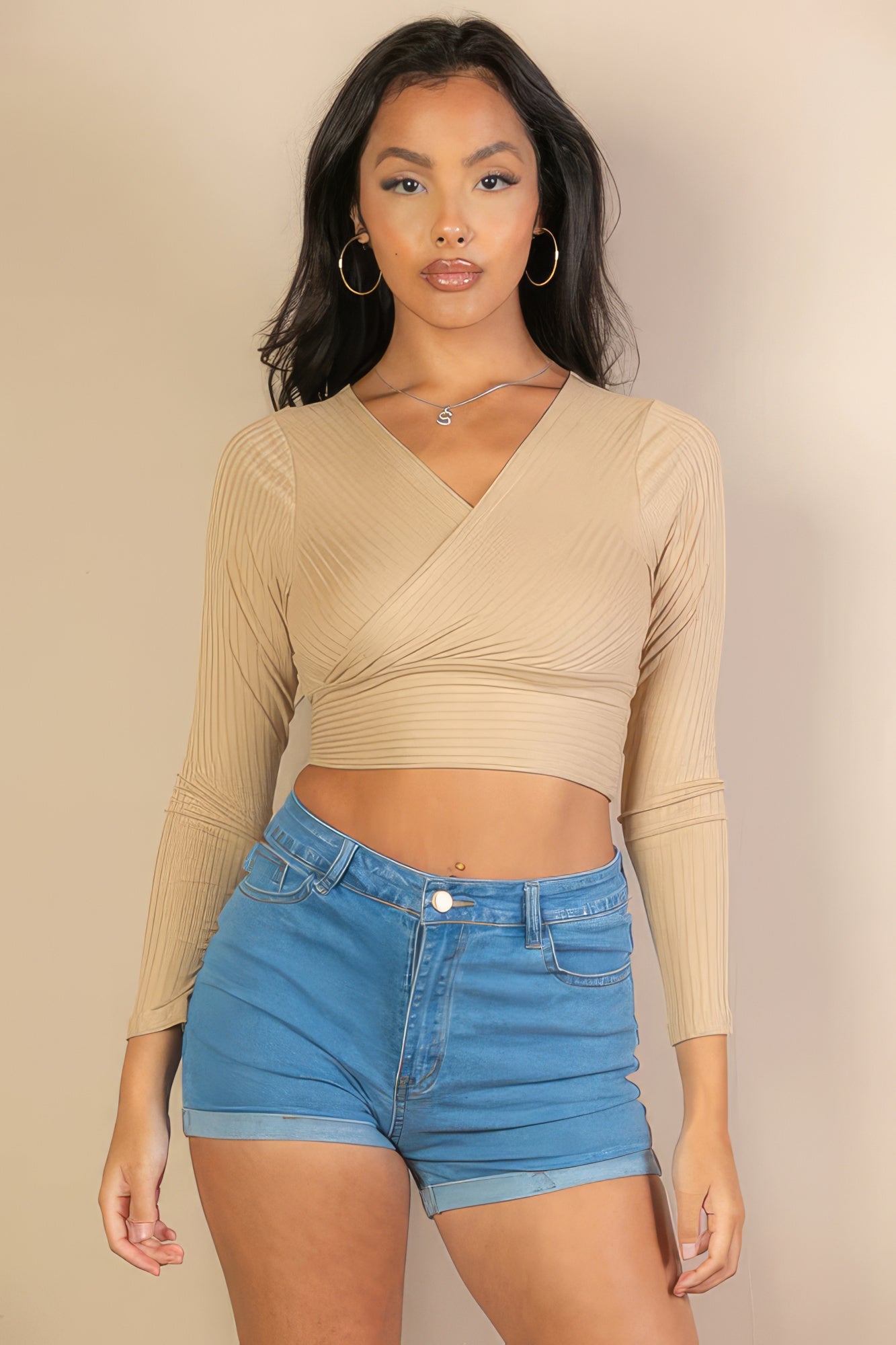 Ribbed Wrap Front Long Sleeve Top by Fleurcouture | Fleurcouture