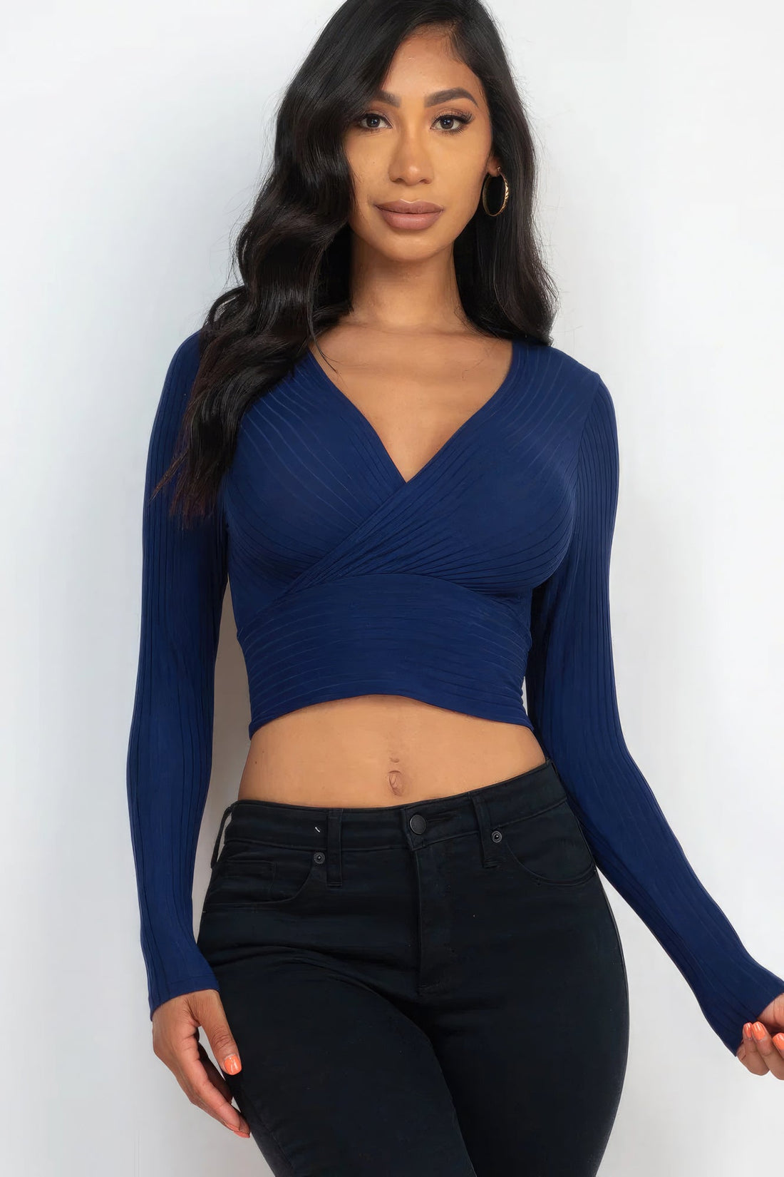 Ribbed Wrap Front Long Sleeve Top Tops by Fleurcouture | Fleurcouture