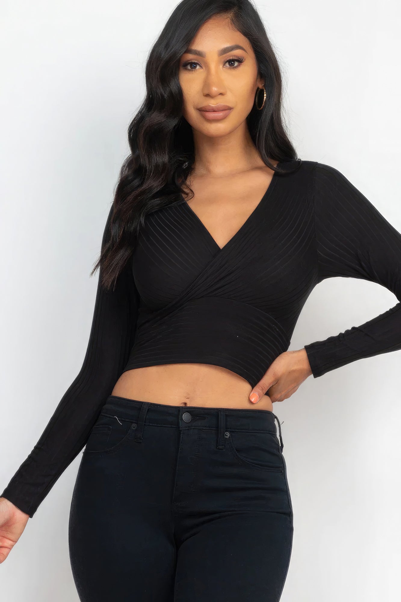 Ribbed Wrap Front Long Sleeve Top Tops by Fleurcouture | Fleurcouture