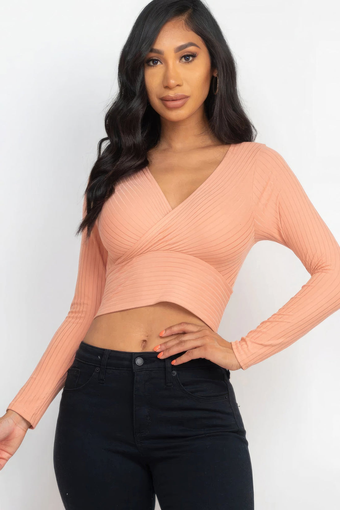 Ribbed Wrap Front Long Sleeve Top Tops by Fleurcouture | Fleurcouture