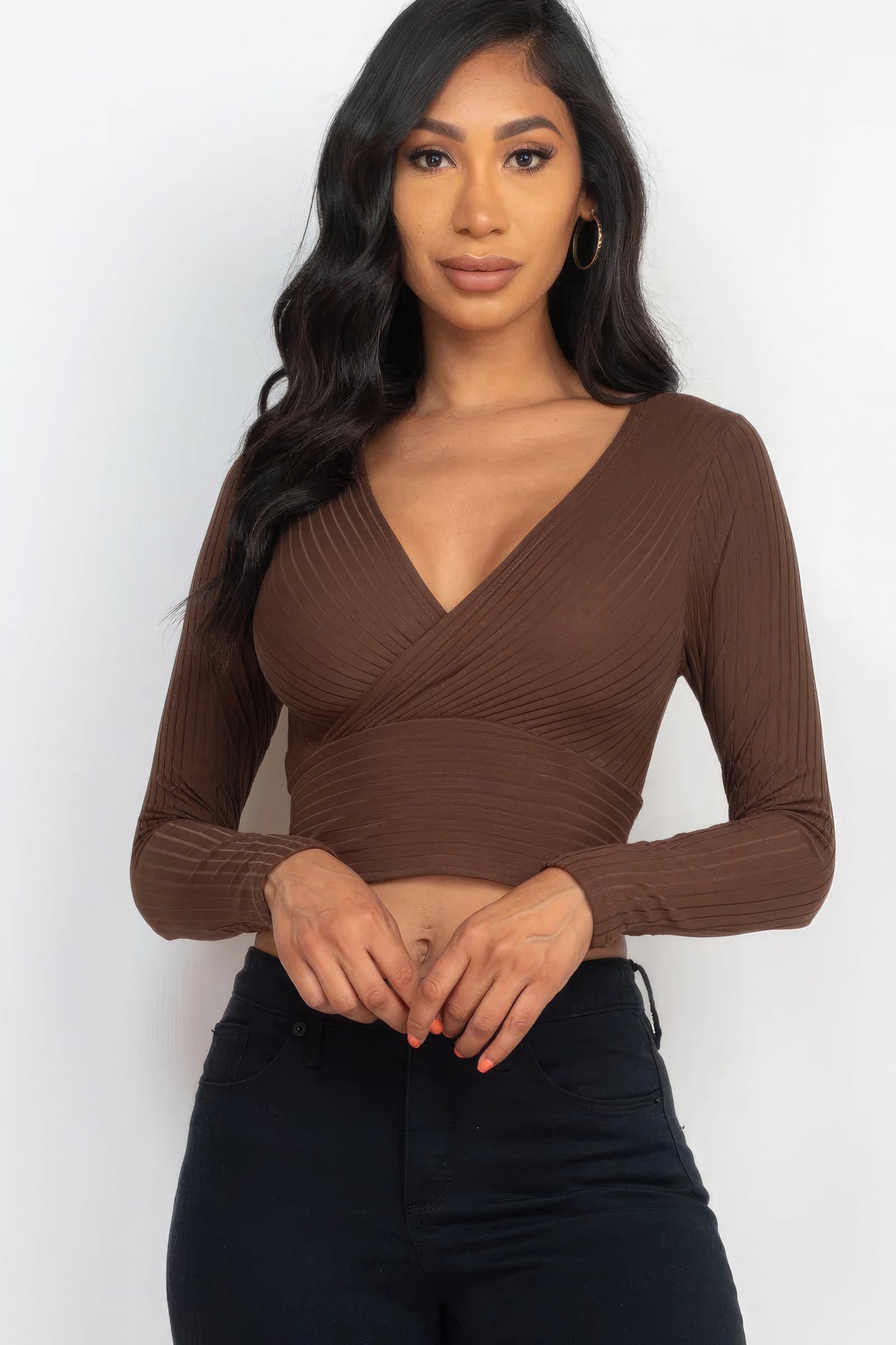 Ribbed Wrap Front Long Sleeve Top Tops by Fleurcouture | Fleurcouture