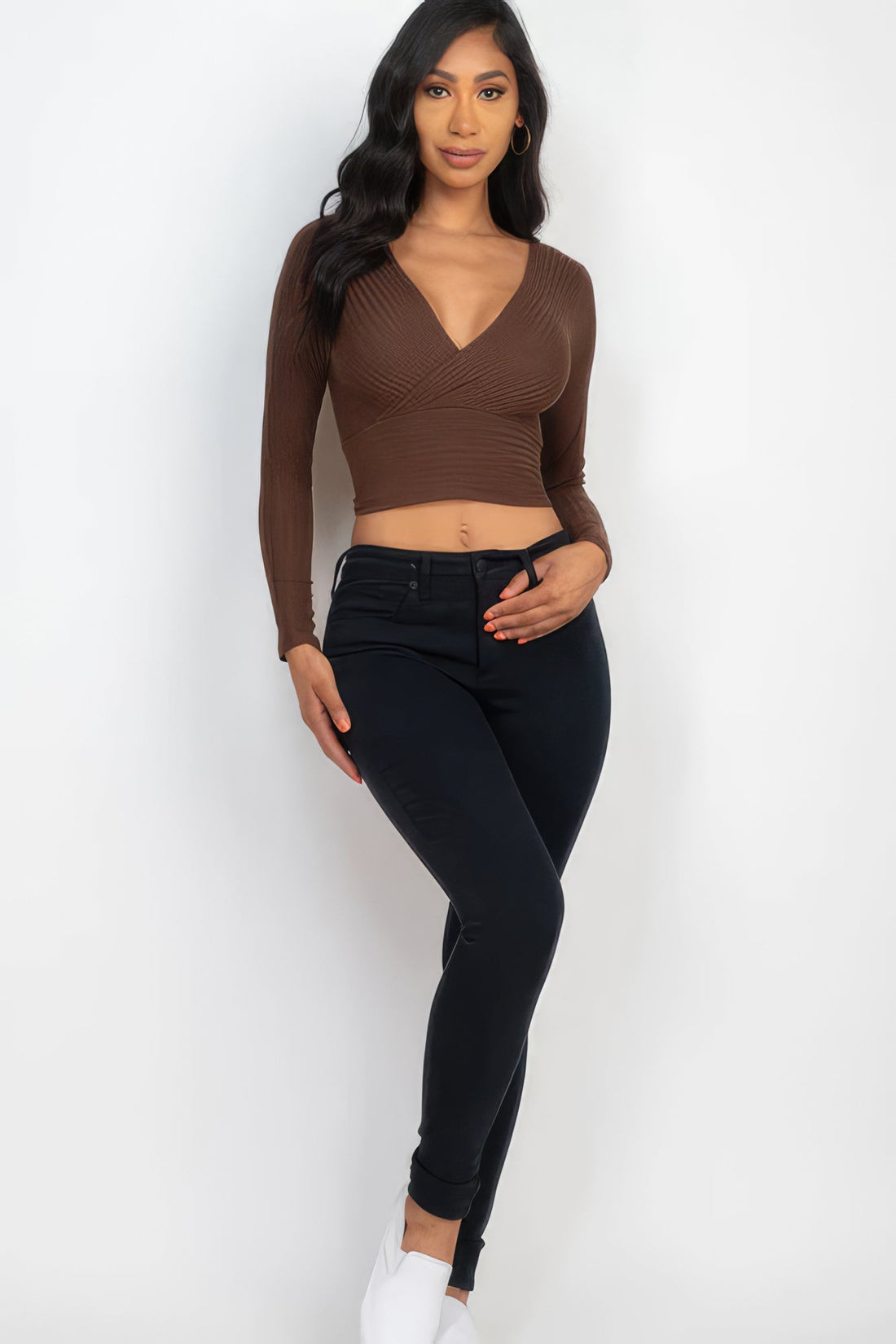 Ribbed Wrap Front Long Sleeve Top Tops by Fleurcouture | Fleurcouture