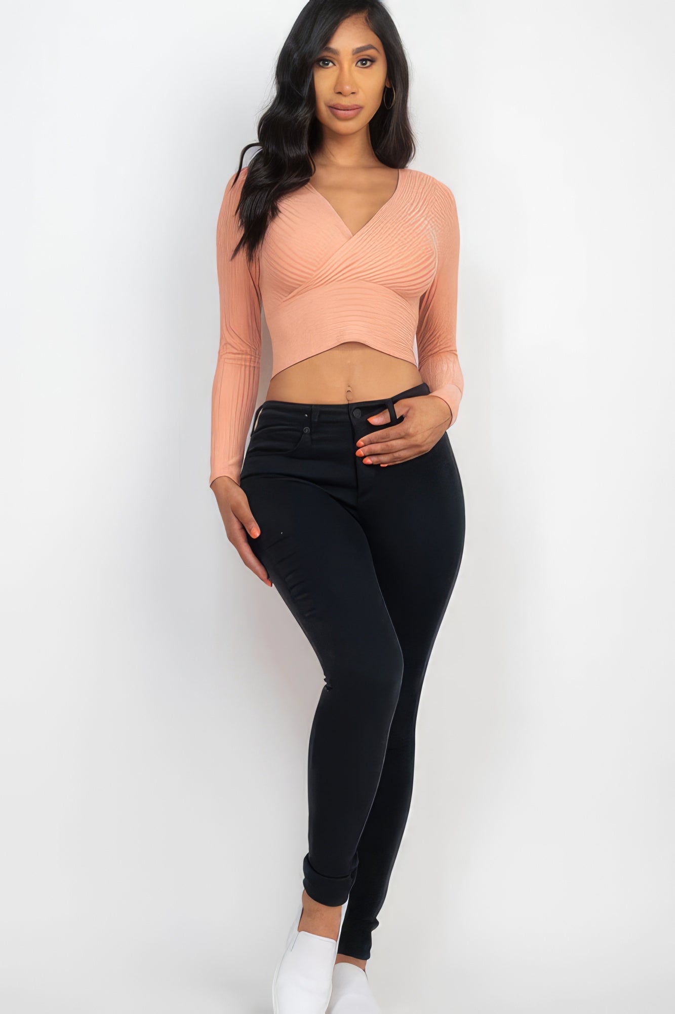 Ribbed Wrap Front Long Sleeve Top Tops by Fleurcouture | Fleurcouture