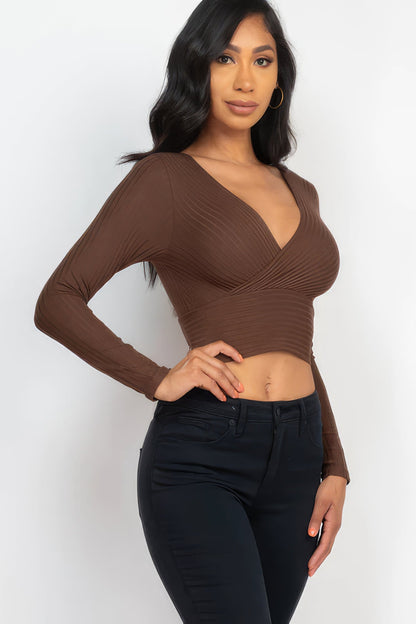 Ribbed Wrap Front Long Sleeve Top Tops by Fleurcouture | Fleurcouture
