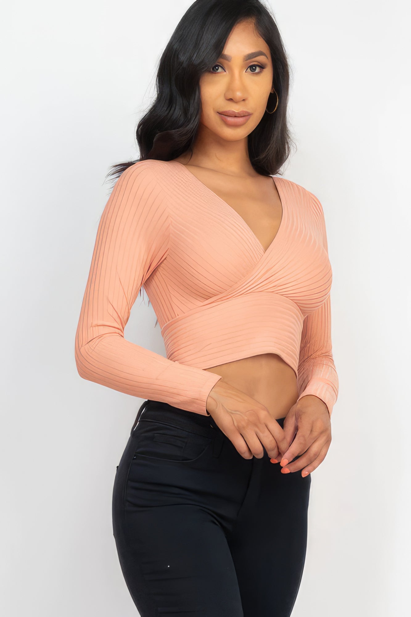 Ribbed Wrap Front Long Sleeve Top Tops by Fleurcouture | Fleurcouture