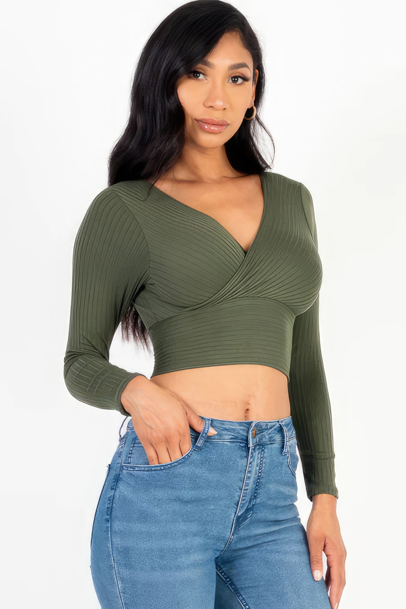 Ribbed Wrap Front Long Sleeve Top Tops by Fleurcouture | Fleurcouture
