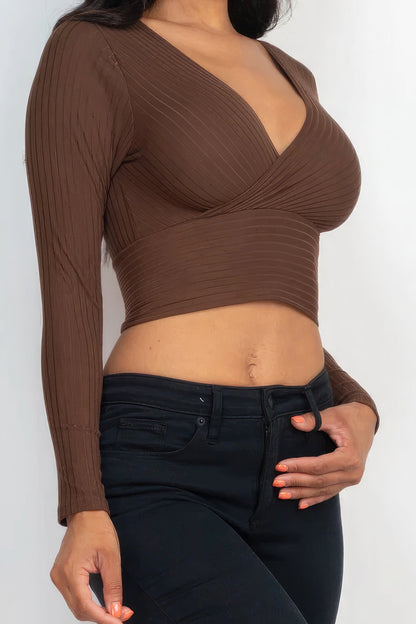 Ribbed Wrap Front Long Sleeve Top Tops by Fleurcouture | Fleurcouture