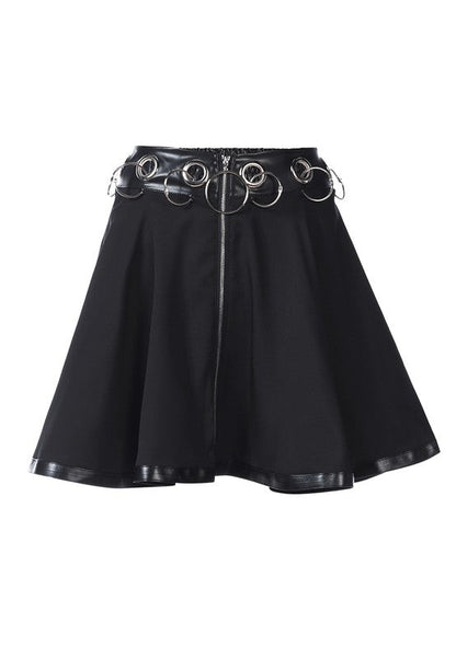 Rings Clamp Leather Trim Detail Mini Skirt Black L by Rag Company | Fleurcouture