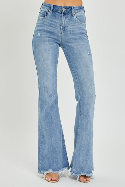 Risen Full Size High Rise Frayed Hem Flare Jeans Light 0(24) Women&