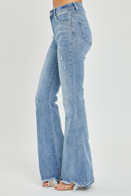 Risen Full Size High Rise Frayed Hem Flare Jeans Light Women&