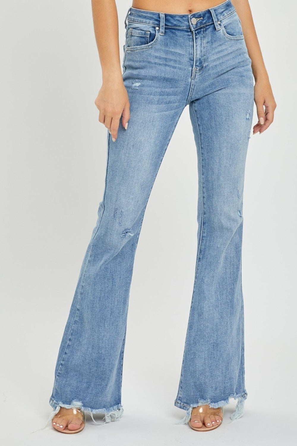 Risen Full Size High Rise Frayed Hem Flare Jeans Light Women&