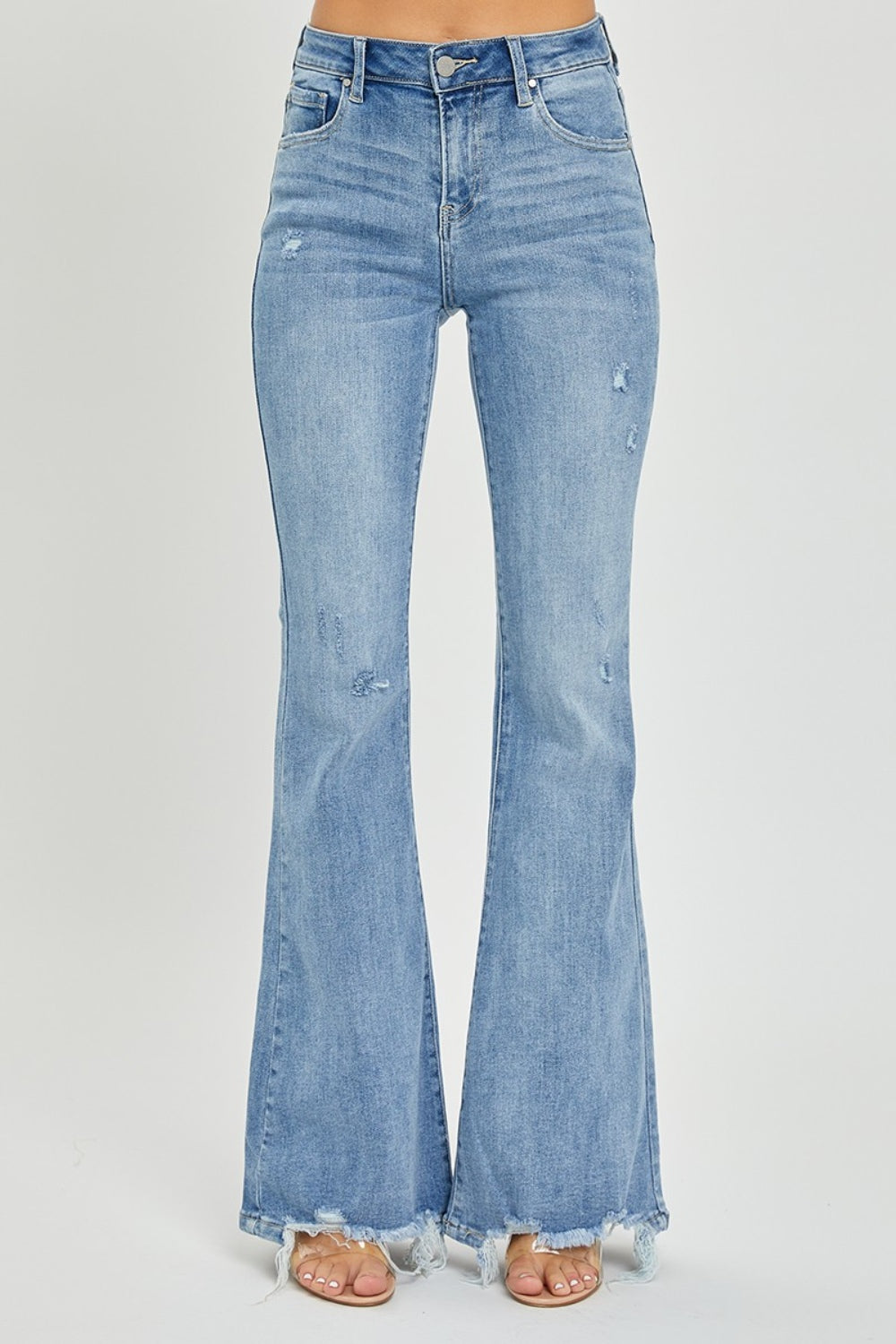 Risen Full Size High Rise Frayed Hem Flare Jeans Light Women&