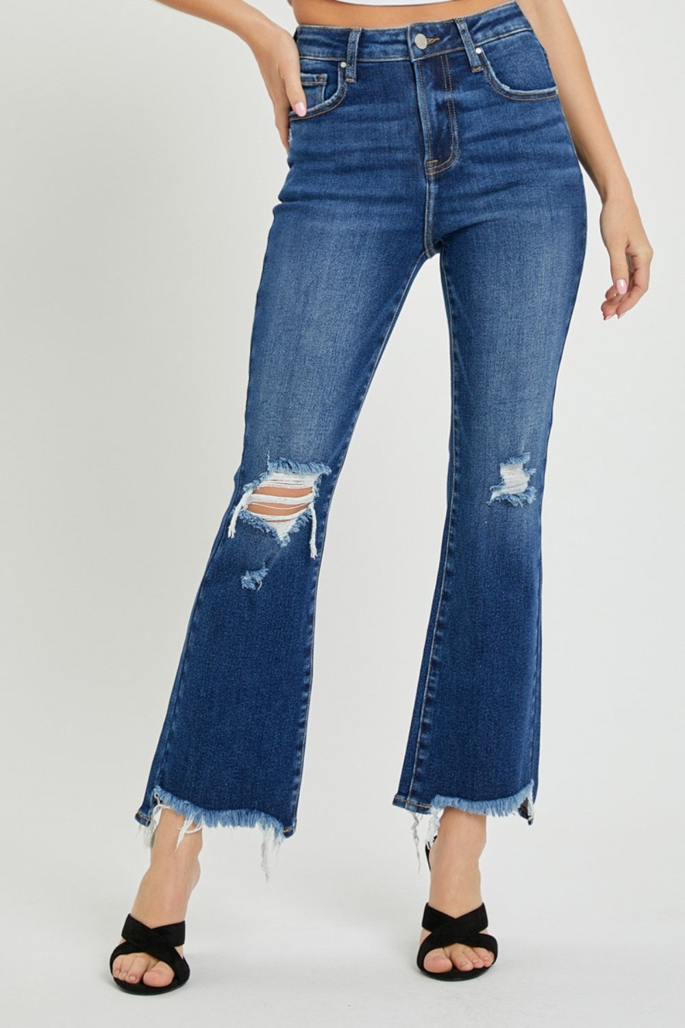 RISEN High Rise Distressed Crop Flare Jeans Dark 0(24) Women&