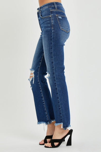 RISEN High Rise Distressed Crop Flare Jeans Dark Women&