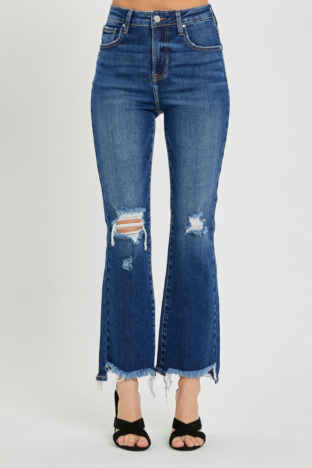 RISEN High Rise Distressed Crop Flare Jeans Dark Women&