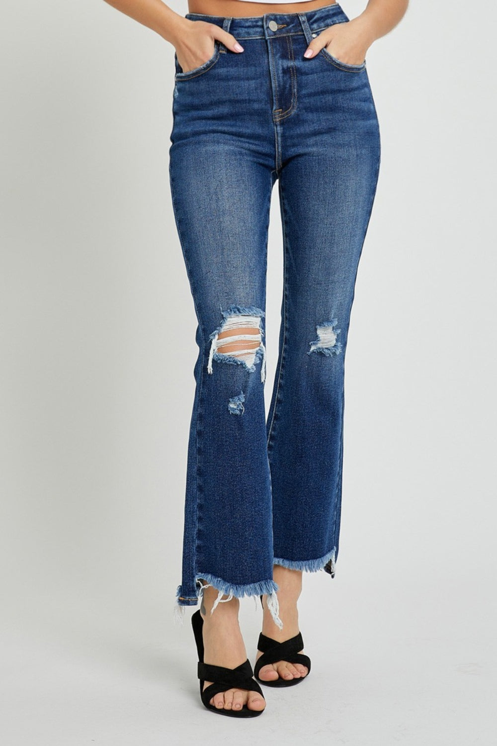 RISEN High Rise Distressed Crop Flare Jeans Dark Women&