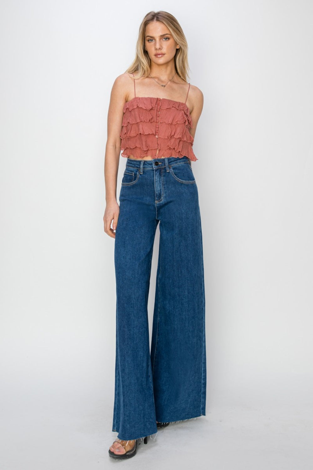 RISEN High Rise Palazzo Jeans Solid Dark Jeans by Trendsi | Fleurcouture