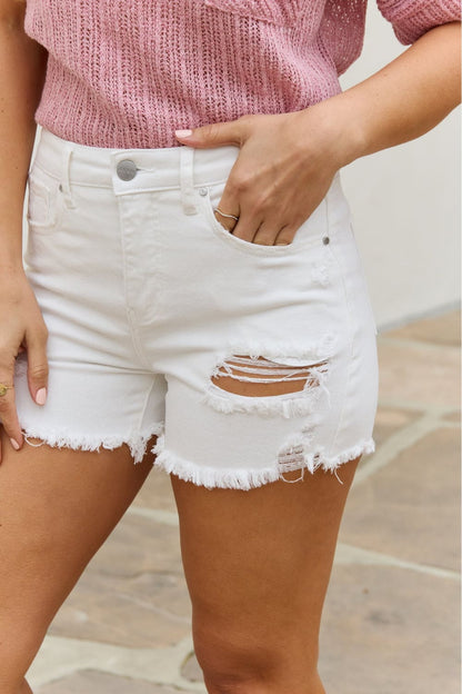 RISEN Lily High Waisted Distressed Shorts White by Trendsi | Fleurcouture