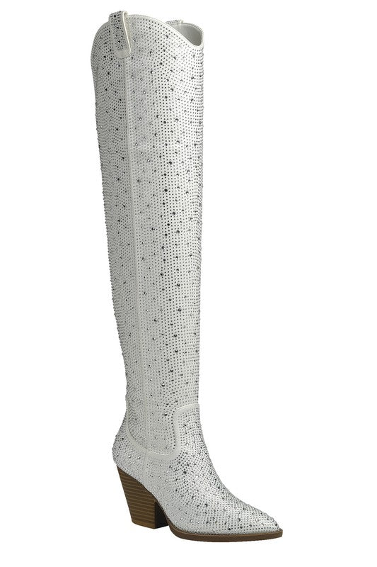 RIVER-21-OVER KNEE,RHINESTONE,WESTERN BOOTS WHITE 5.5 by Let&