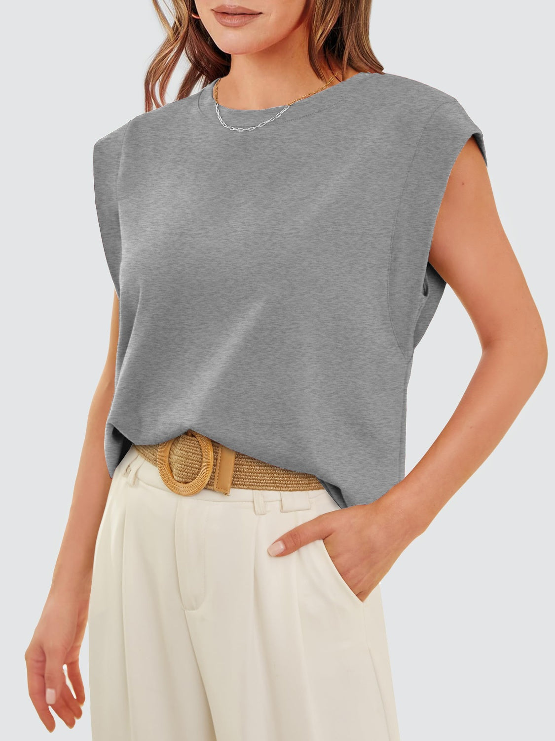 Round Neck Cap Sleeve Tank Heather Gray S Tops by Trendsi | Fleurcouture