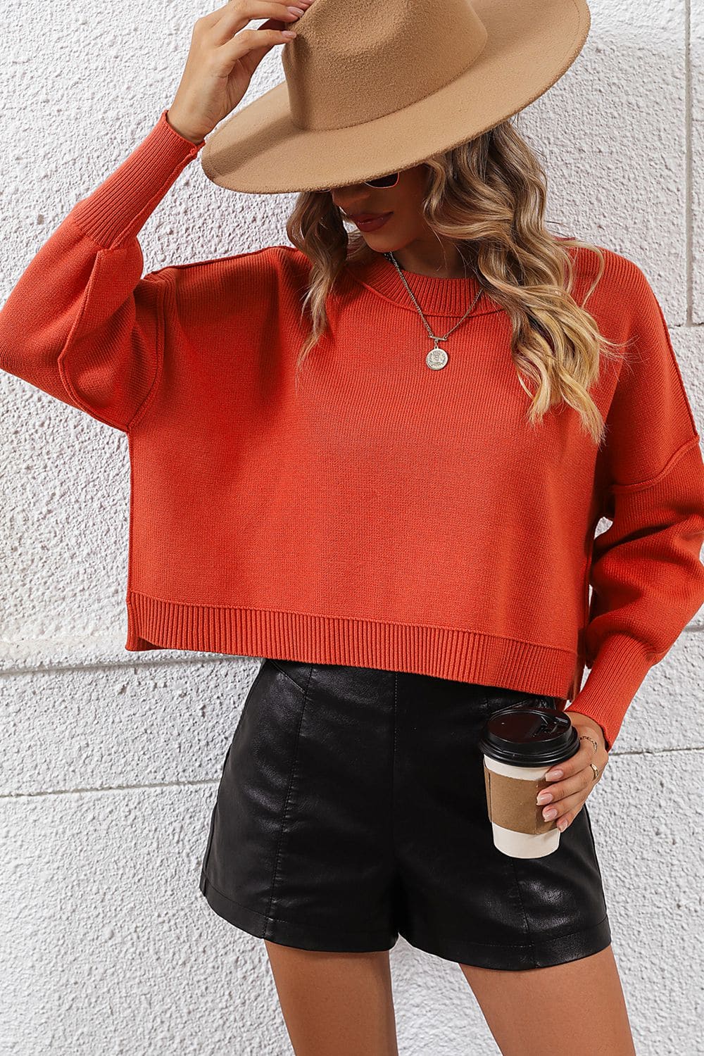 Round Neck Dropped Shoulder Pullover Sweater Red Orange S by Trendsi | Fleurcouture