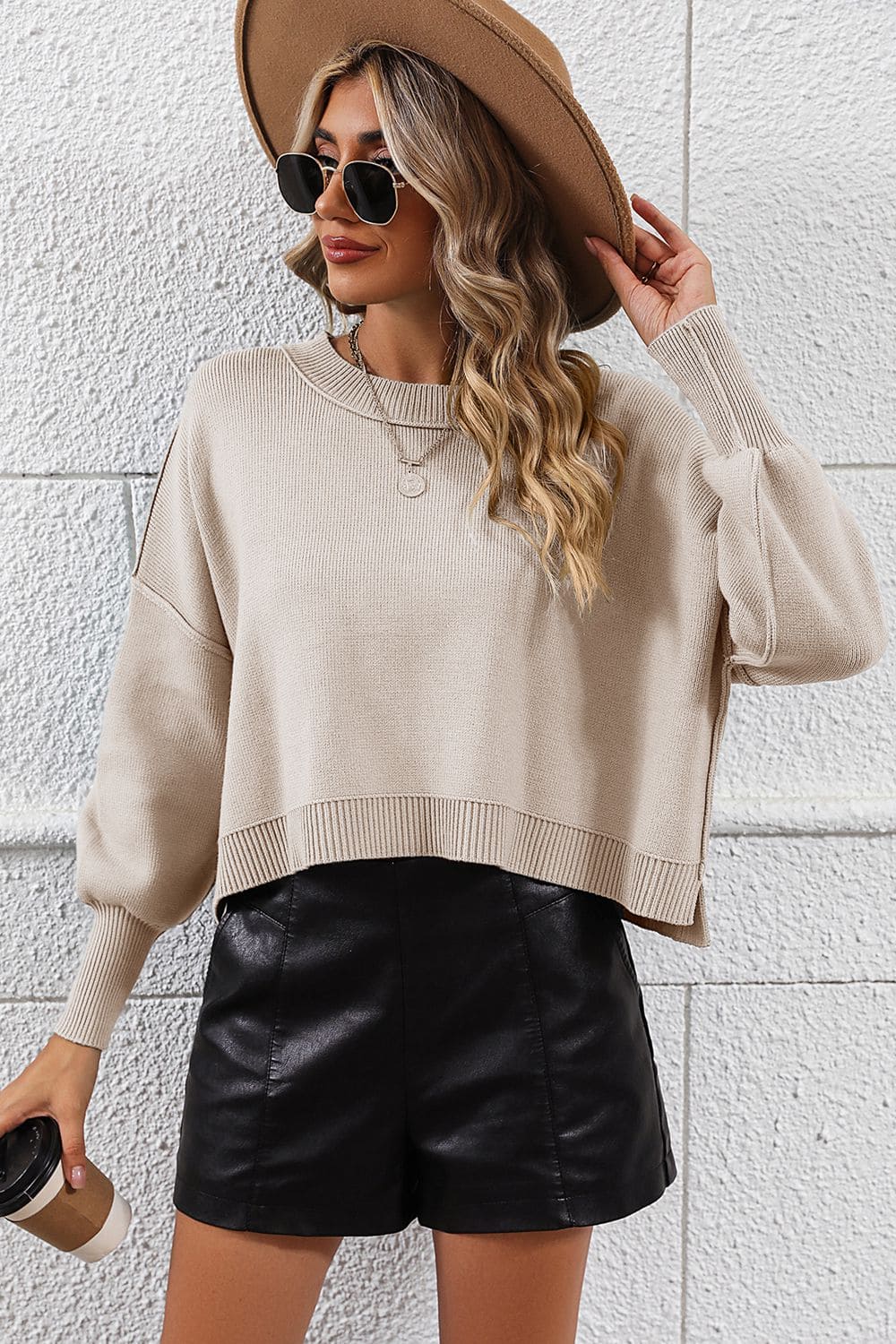 Round Neck Dropped Shoulder Pullover Sweater by Trendsi | Fleurcouture