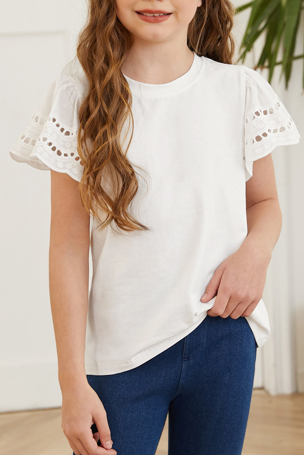 Round Neck Flutter Sleeve T-Shirt White S Kids Couture by Trendsi | Fleurcouture