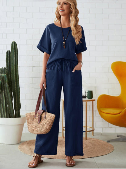 Round Neck Half Sleeve Top and Pocketed Pants Set Dark Blue S Women&