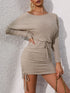 Round Neck Long Sleeve Mini Dress Khaki S Women&