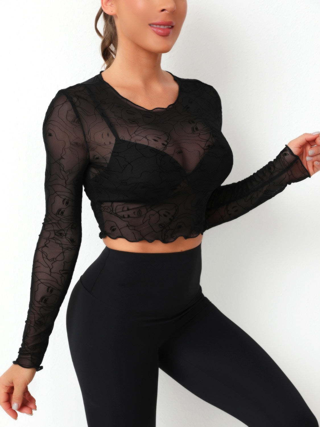 Round Neck Long Sleeve Sheer Top Black Women&