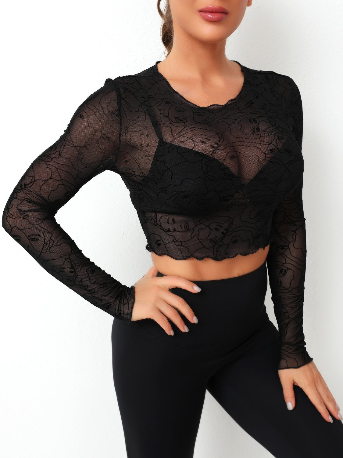 Round Neck Long Sleeve Sheer Top Black Women&